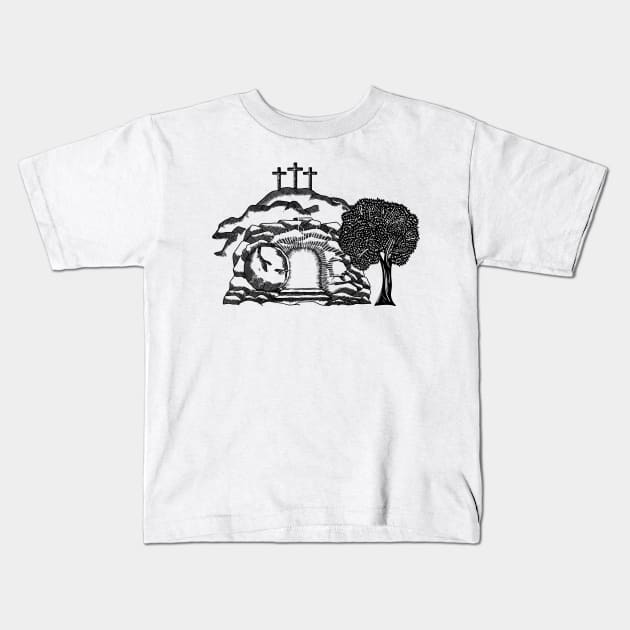 Three crosses on Calvary. Empty coffin after the resurrection of Jesus Christ. Kids T-Shirt by Reformer